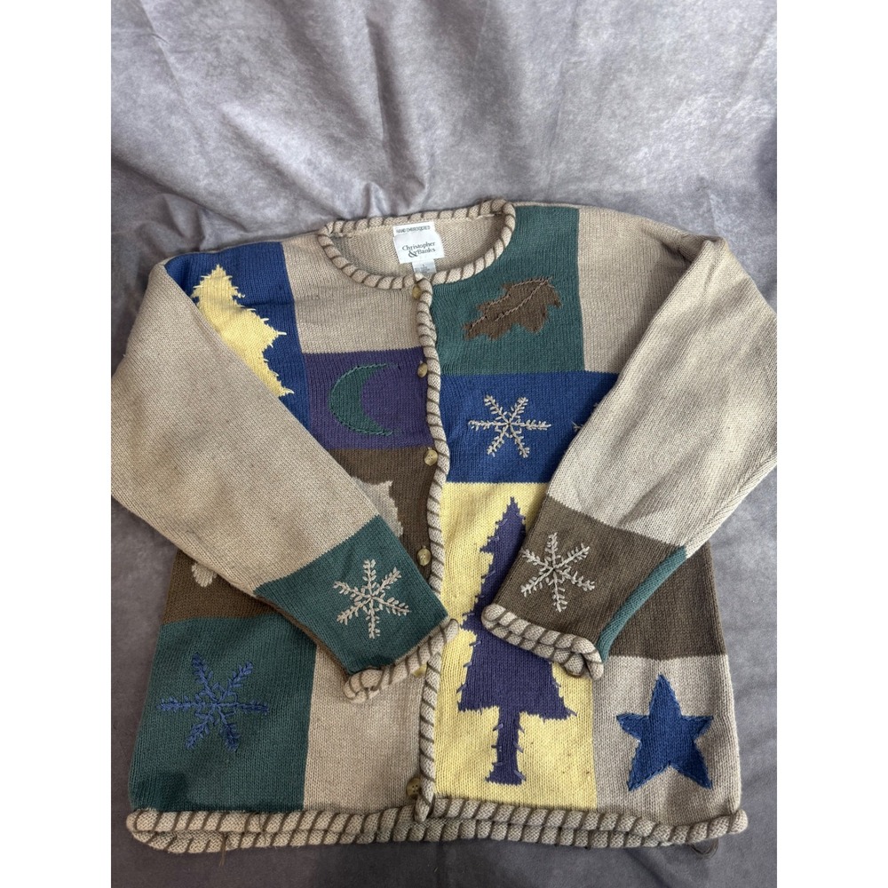 Christopher & Banks Vintage Nature Patchwork Cardigan Sweater Hand Embroidered L
